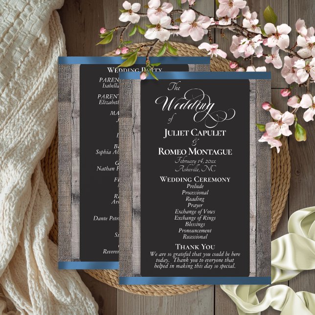 Chalkboard on Wood & Blue Ribbon - Wedding Programme (Creator Uploaded)
