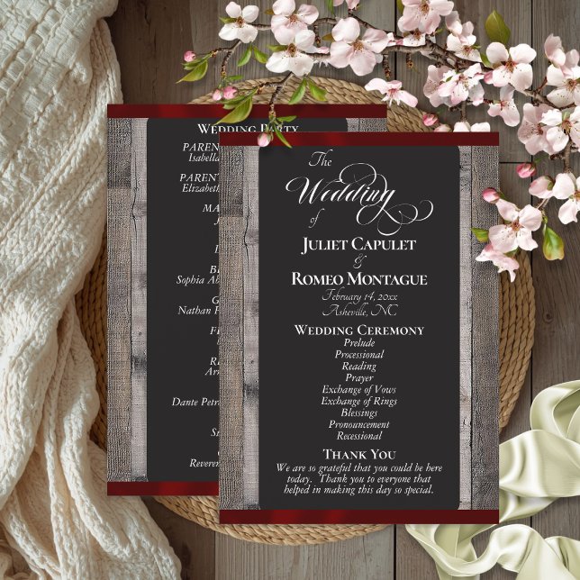 Chalkboard on Wood & Burgundy Ribbon - Wedding Programme (Creator Uploaded)