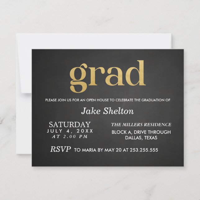Chalkboard Open House Graduation Gold Grad Invitation (Front)
