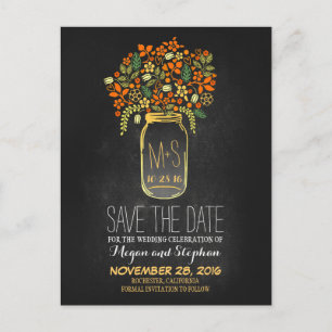 Chalkboard orange save the date - Floral Mason Jar Announcement Postcard
