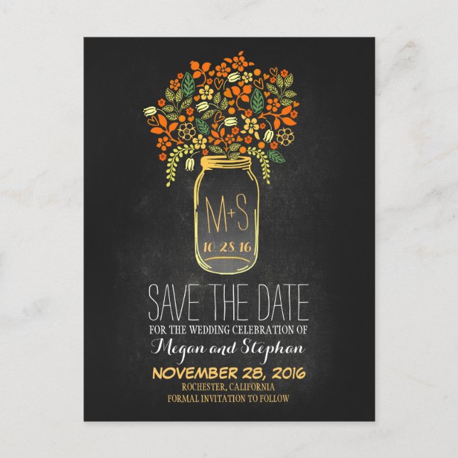 Chalkboard orange save the date - Floral Mason Jar Announcement Postcard (Front)