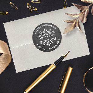 Chalkboard Ornate Swirls Custom Return Address Classic Round Sticker