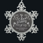 Chalkboard Our Beach Wedding Snowflake Pewter Christmas Ornament<br><div class="desc">Trendy and popular chalkboard blackboard background in charcoal grey with white hand-written look text. Reminiscent of an old town shoppe or vintage appeal. Bring back vintage style with a dusty slate writing board. The shore is a perfect place to celebrate the big wedding day nuptials with this theme, use this...</div>