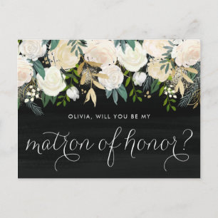 Chalkboard Pale Peonies Be My Matron of Honour Invitation Postcard