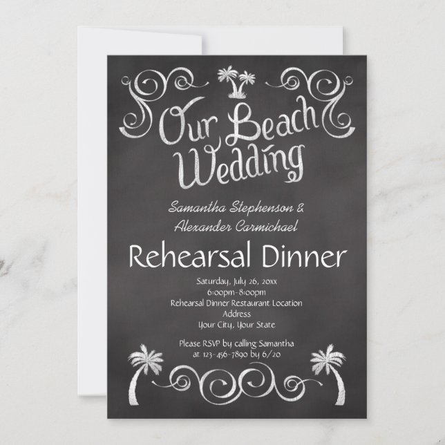 Chalkboard PalmTree Beach Wedding Rehearsal Dinner Invitation (Front)