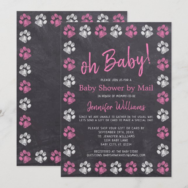 Chalkboard Paw Print Pink Girl Baby Shower By Mail Invitation (Front/Back)