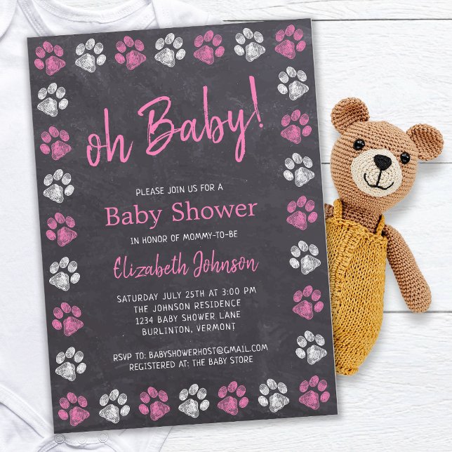 Chalkboard Paw Prints Pink Girl Baby Shower Invitation (Creator Uploaded)