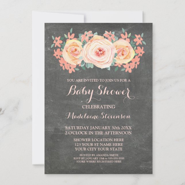 Chalkboard Peach Watercolor Floral Baby Shower Invitation (Back)