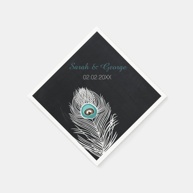 chalkboard peacock personalised wedding napkins (Corner)
