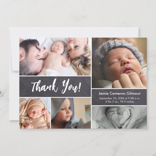 Chalkboard Photo Collage Baby Shower Script Thank You Card (Front)