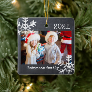 Chalkboard Photo Family Christmas Snowflake Ceramic Ornament