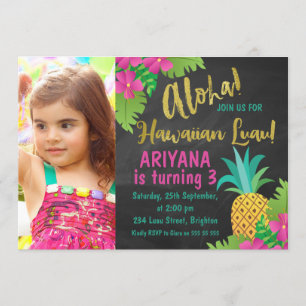 Chalkboard Photo Hawaiian Luau Birthday Invitation