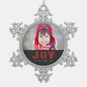 Chalkboard Photo Holiday Greeting   Red Joy Snowflake Pewter Christmas Ornament