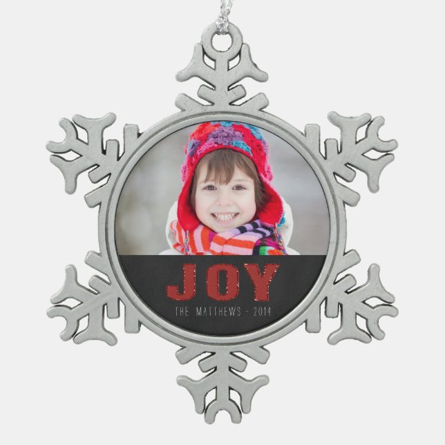 Chalkboard Photo Holiday Greeting | Red Joy Snowflake Pewter Christmas Ornament (Front)