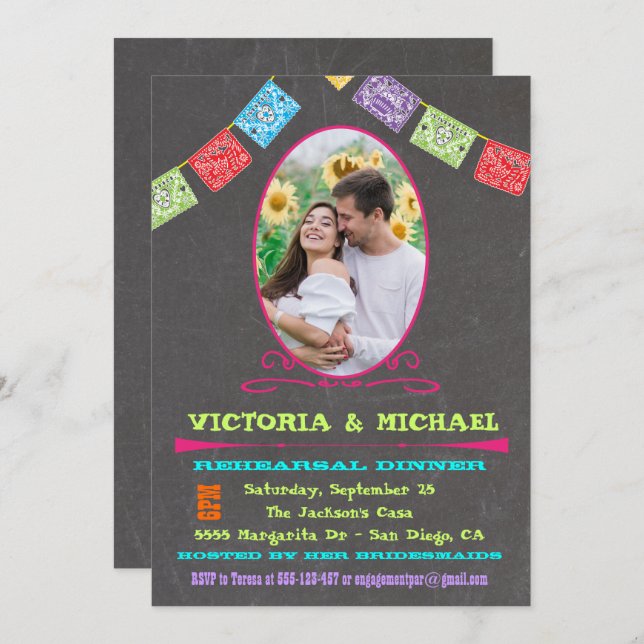 Chalkboard Photo Mexican Fiesta Rehearsal Dinner Invitation (Front/Back)