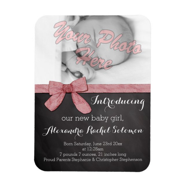 Chalkboard Pink Bow Girl Baby Birth Announcement Magnet (Vertical)