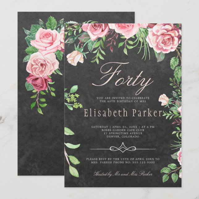 Chalkboard Pink Floral Garden 40th Birthday Party Invitation (Front/Back)