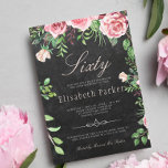 Chalkboard Pink Floral Garden 60th Birthday Party Invitation<br><div class="desc">Rustic elegant sixty birthday party feminine invitation with blush pink and red burgundy hand painted peony roses with green leaves and foliage and with a trendy chic hand lettered editable calligraphy script over a dark grey charcoal chalkboard background. Suitable for a spring, summer garden or autumn fall / outdoor backyard...</div>
