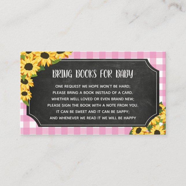 Chalkboard Pink Gingham Sunflowers Books For Baby Enclosure Card (Front)