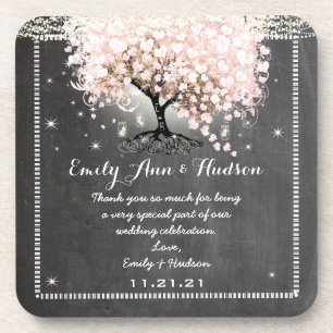 Chalkboard Pink Heart Leaf Tree Wedding Coaster