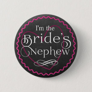 Chalkboard Pink Heart Wedding Bride's Nephew 6 Cm Round Badge