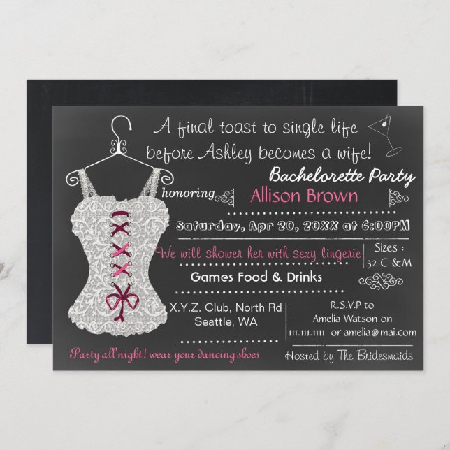 Chalkboard pink Lace Lingerie Shower Bachelorette Invitation (Front/Back)