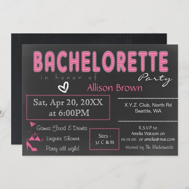 Chalkboard pink Lingerie Shower Bachelorette Invitation (Front/Back)