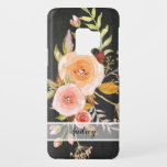 Chalkboard Pink n Peach Floral Roses Leaf Foliage Case-Mate Samsung Galaxy S9 Case<br><div class="desc">Bold black chalkboard background makes the floral bouquet artwork pop!  Trendy warm coloured,  hand painted roses and flower buds with fall leaves and greenery foliage.  Your name or message over a sheer white background.</div>