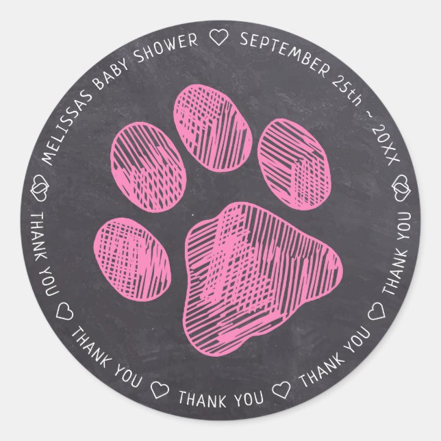 Chalkboard Pink Paw Print Baby Shower Thank You Classic Round Sticker (Front)