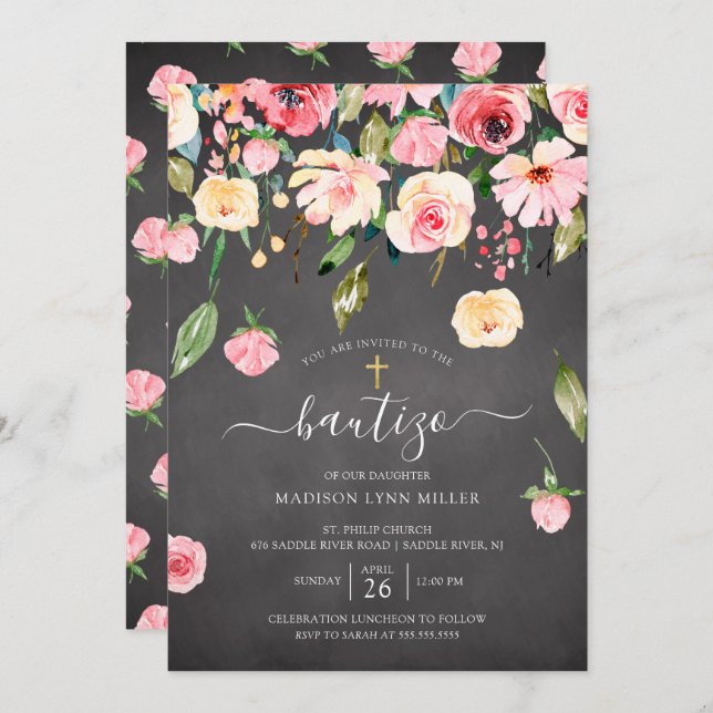 Chalkboard Pink Peonies Floral Spanish Baptism Invitation (Front/Back)