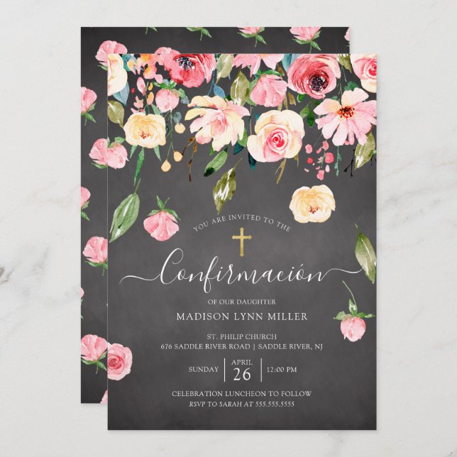 Chalkboard Pink Peonies Rose Spanish Confirmation Invitation (Front/Back)