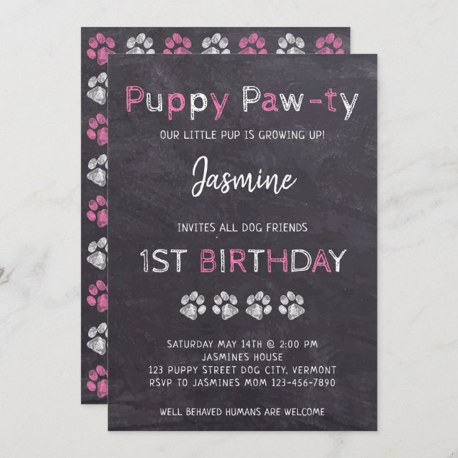 Chalkboard Pink Puppy Pawty Dog Birthday Invitation (Front/Back)