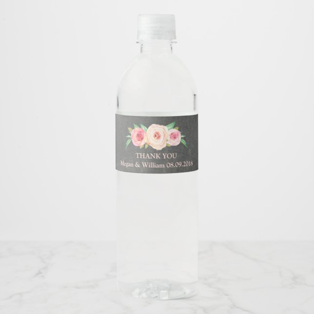 Chalkboard Pink Vintage Floral Water Bottle Label (Front)
