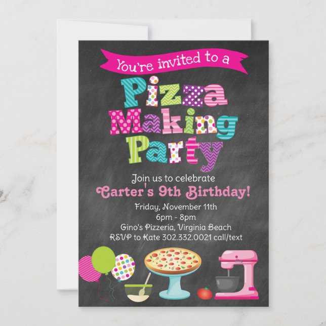 Chalkboard Pizza Making Party Invitation (Girl's) (Front)