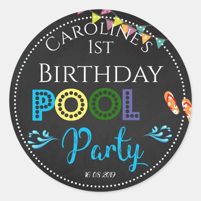 Chalkboard Pool Party 1st Birthday Sticker (Front)