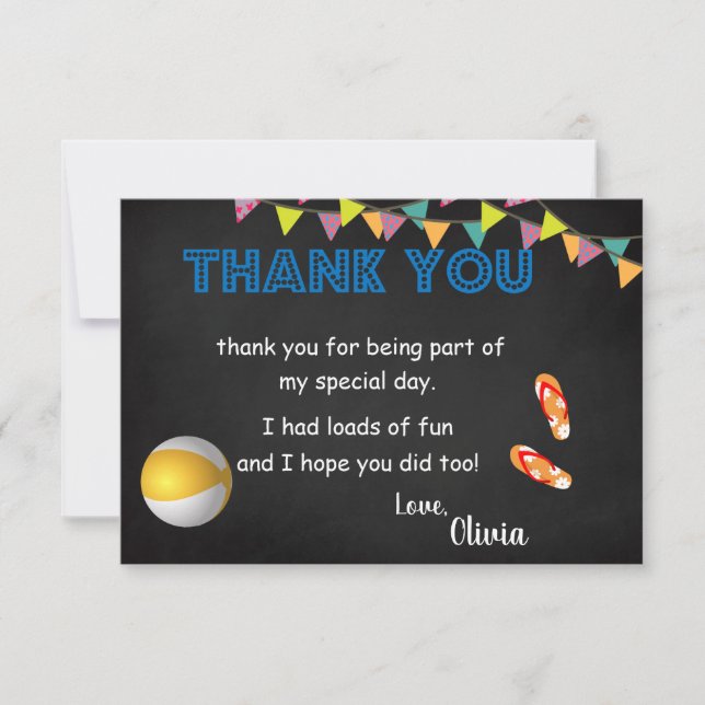 Chalkboard Pool Party Birthday Thank You Card (Front)