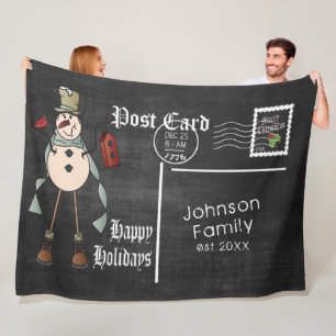 Chalkboard Postcard with a Rustic Blue Snowman Fleece Blanket