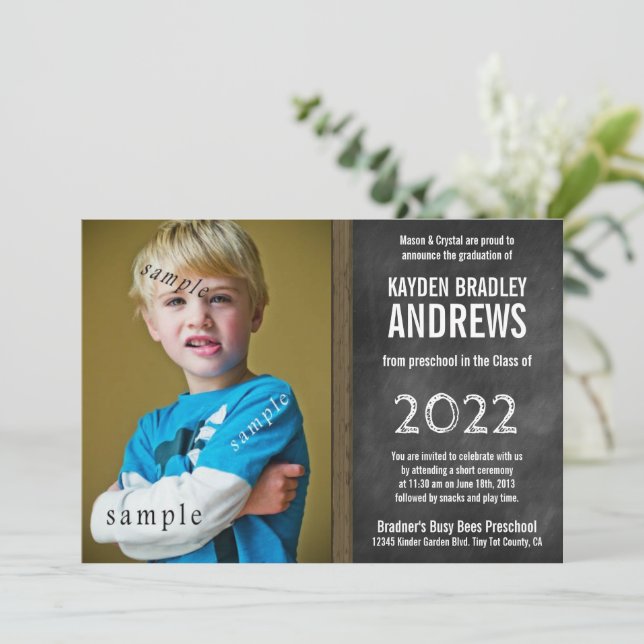 Chalkboard Preschool Graduation with Photo  Invitation (Standing Front)