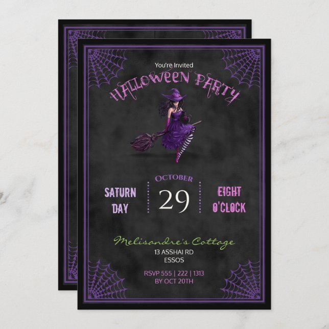 Chalkboard  Pretty Witch on Broom Halloween Invitation (Front/Back)