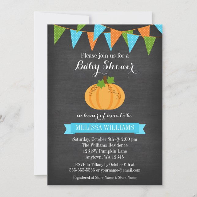 Chalkboard Pumpkin Bunting Boy Fall Baby Shower Invitation (Front)