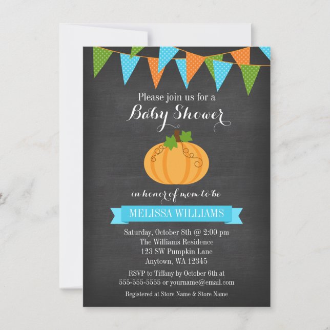Chalkboard Pumpkin Bunting Boy Fall Baby Shower Invitation (Front)