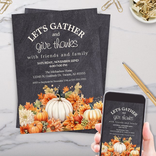 Chalkboard Pumpkin Thanksgiving Potluck Party Invitation (thanksgiving invitation templates for fall autumn leaves pumpkins lets gather and give thanks)