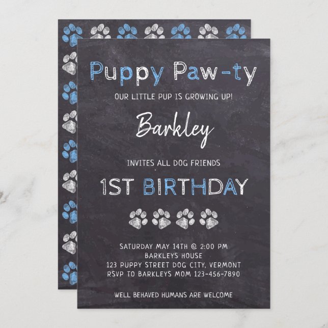 Chalkboard Puppy Pawty Dog Birthday Invitation (Front/Back)