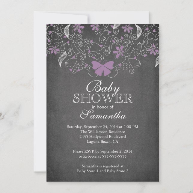 Chalkboard  Purple Butterfly Girl Baby Shower Invitation (Front)