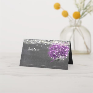 Chalkboard Purple Heart Leaf Tree Wedding Place Card