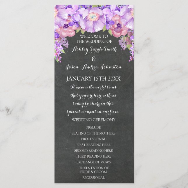 Chalkboard Purple Lavender Floral Wedding Program Programme (Front)