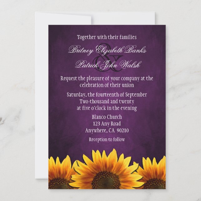 Chalkboard Purple Sunflower Wedding Invitations (Back)