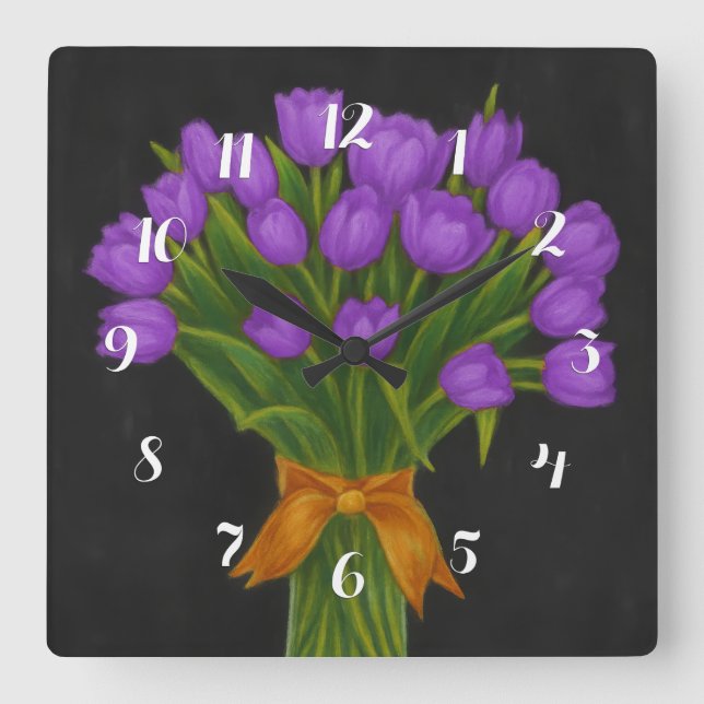 Chalkboard Purple Tulips Square Wall Clock (Front)