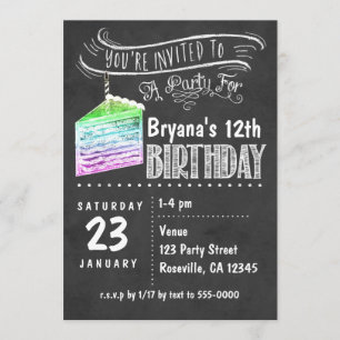 Chalkboard Rainbow Cake Slice Birthday Invitations