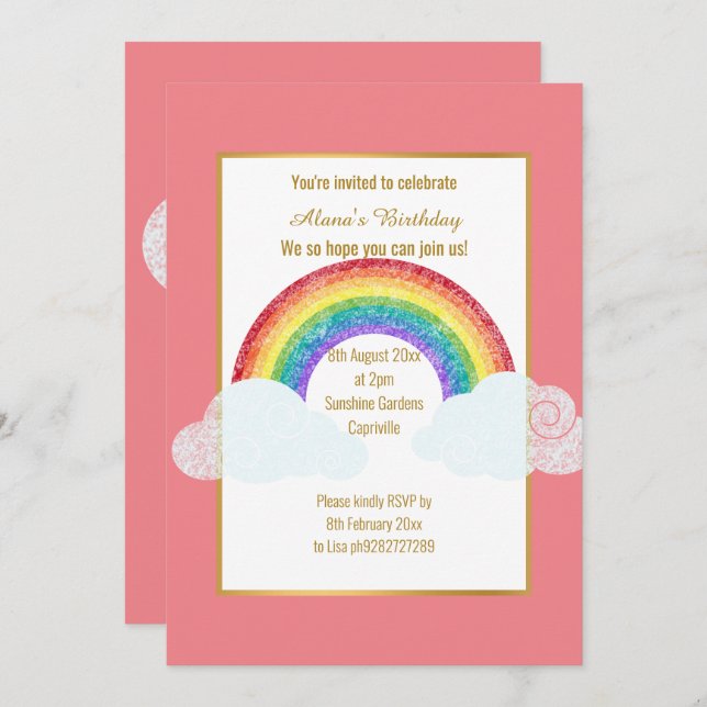 CHALKBOARD RAINBOW CLOUD PINK BIRTHDAY INVITATION (Front/Back)